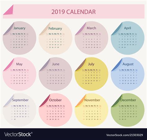 2019 Calendar Template Royalty Free Vector Image