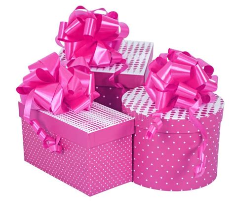 Pink T Boxes With Ribbon Bow Isolated On White Zdjęcie Stock Obraz