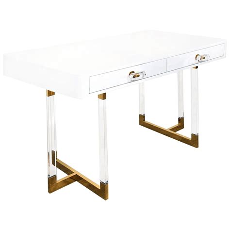 White Lacquered Desk With Lucite And Brass Geometric Legs White