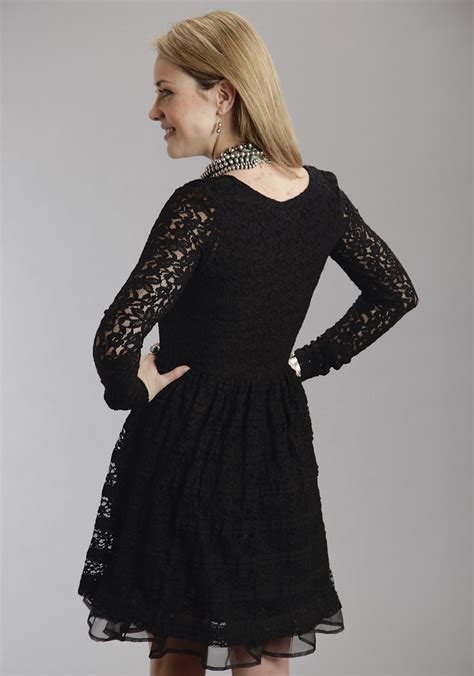 Stetson® Black Stretch Lace Organza Ruffled Hem Long Sleeve Western Dress