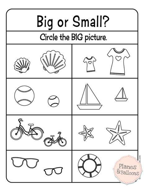 Big And Small Worksheets Size Comparison Planes And Balloons Free