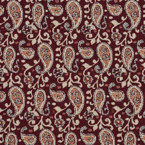 Burgundy And Coral Orange Scroll Paisley Upholstery Fabric White