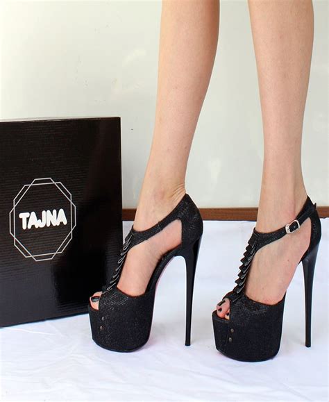 Black Shimmer Ankle Strap Peep Toe High Heel Platform Shoes Tajna Club