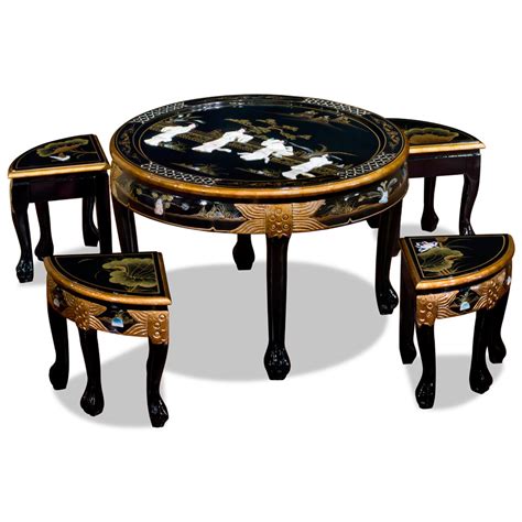 Black Lacquer Mother Of Pearl Round Asian Coffee Table Set