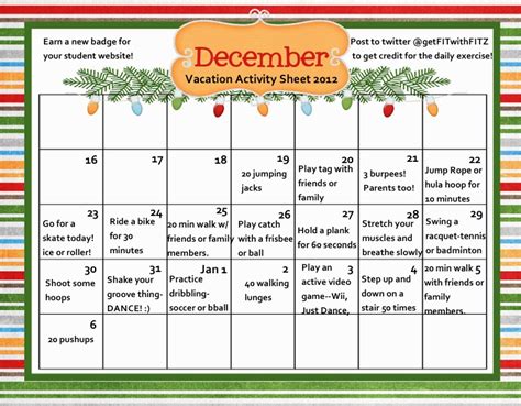 Christmas Vacation Activity Calendar Aura Fitness Studio