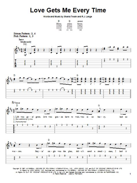 Love Gets Me Every Time Sheet Music Shania Twain Easy Guitar Tab