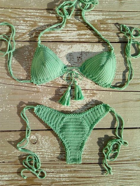High Hip Häkel Bikini Set Brasilianische Mint Quaste Bikini Etsy Crochet Bikini Set Crochet