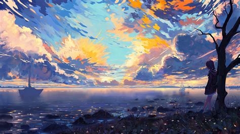 Download 1366x768 Anime Landscape Sea Ships Colorful