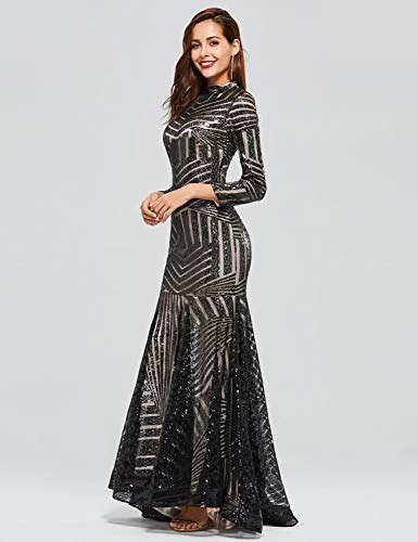 plms sequin prom gown silver high neck women formal evening dress long sleeve 2
