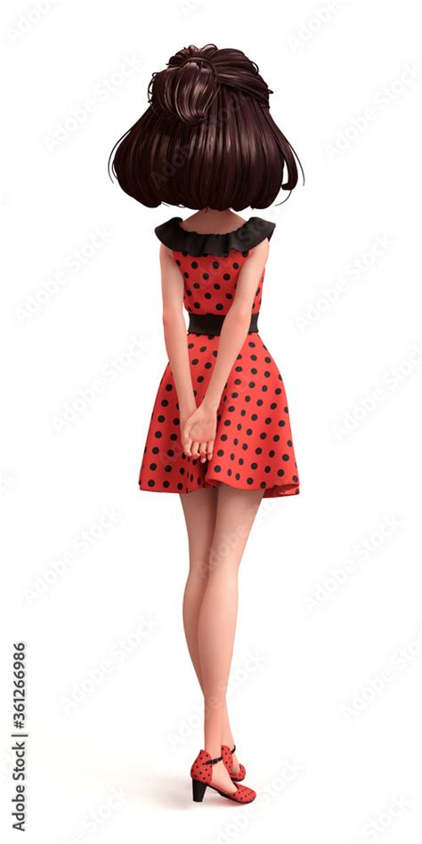 cartoon brunette girl beautiful fashion valentines girl in red dress with black polka dots