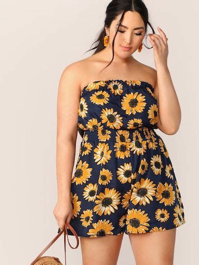 Shein Plus Sunflower Print Shirred Waist Tube Romper Plus Size Romper Curvy Outfits Plus
