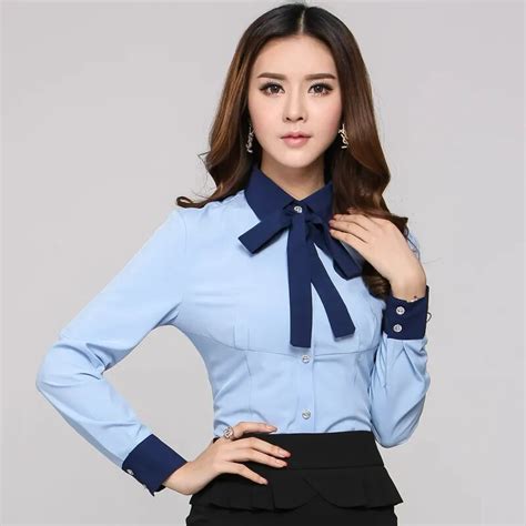 New 2015 Spring Autumn Formal Female Blue Shirts Women Long Sleeve Work Blouses Ladies Office