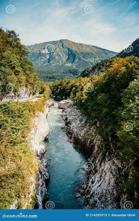 View At Napoleon Bridge Over River Soca In Kobarid Slovenia Stock