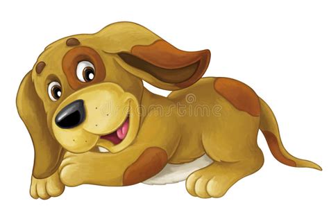 Cartoon Happy Dog Is Lying Down Resting Smiling And Looking