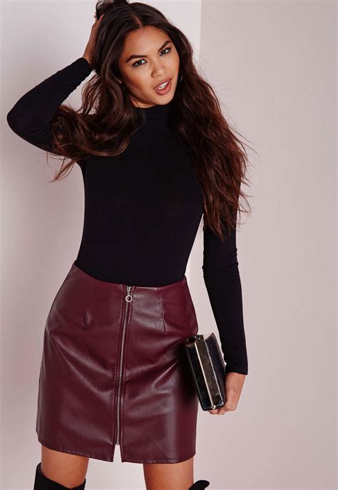 missguided zip front faux leather a line skirt burgundy in red lyst