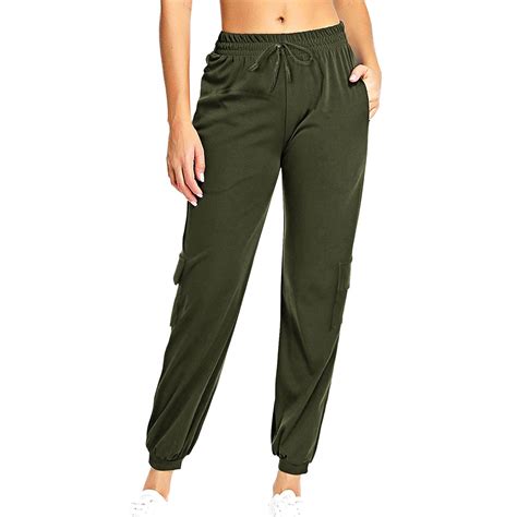 Womens Ladies Elasticated High Waist Cargo Trousers Gym Jogging Combat