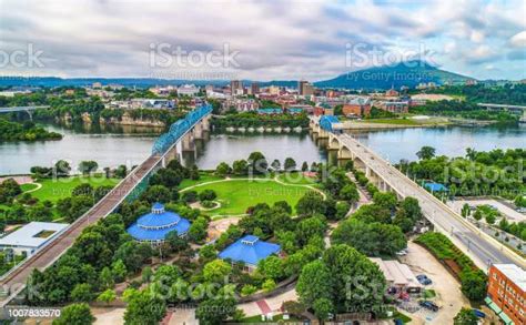 Drone Aerial Of Downtown Chattanooga Tennessee Tn Skyline Stock Photo