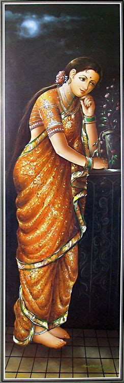 A Painting Of A Woman In An Orange Sari Holding A Vase With Flowers On It