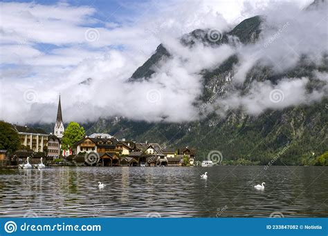 Hallstatt Austria View To Hallstattersee Lake And Alps Mountains