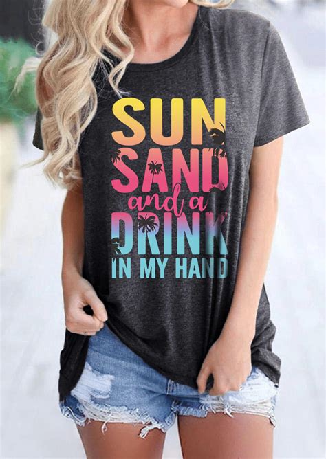 Sun Sand And A Drink In My Hand T Shirt Tee Dark Grey Komily