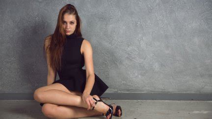 Women Sitting Isabella Fame Brunette Long Hair On The Floor Dress Black Dress Black