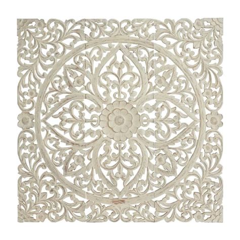 Litton Lane Wood Beige Handmade Intricately Carved Floral Wall Decor