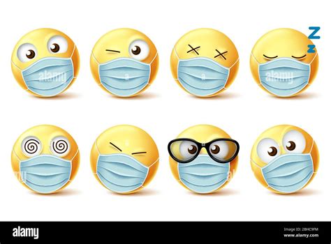 Emojis Face Mask Vector Emoticon Set Emoji Faces With Covid 19 Face