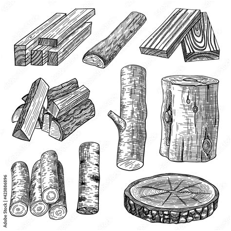 Vettoriale Stock Cut Logs Firewood And Planks Engraved Vector