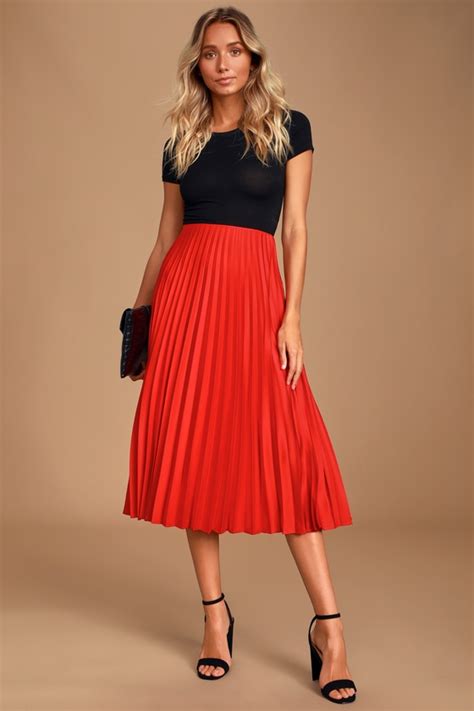 Classic Red Skirt Satin Skirt Midi Skirt Pleated Skirt Lulus