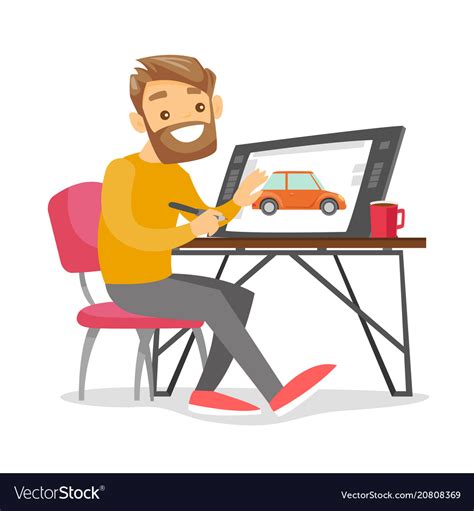 A White Man Graphic Designer Works At The Office Vector Image