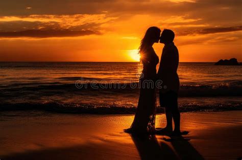 romantic couple man and woman kissing at vibrant sunset near the ocean extreme closeup
