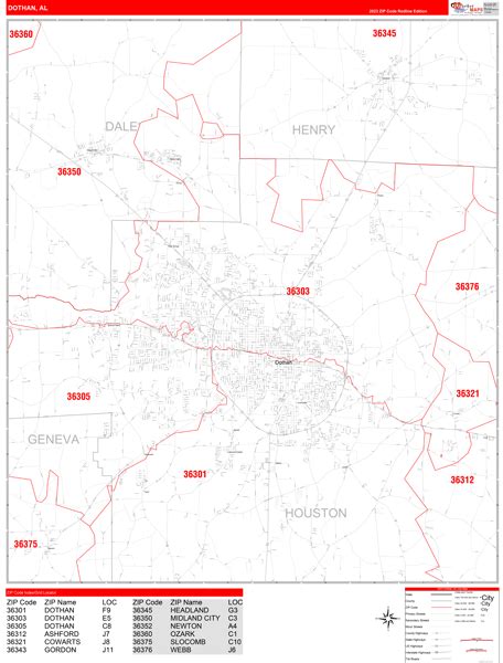 Dothan Alabama Zip Code Wall Map Red Line Style By Marketmaps Mapsales