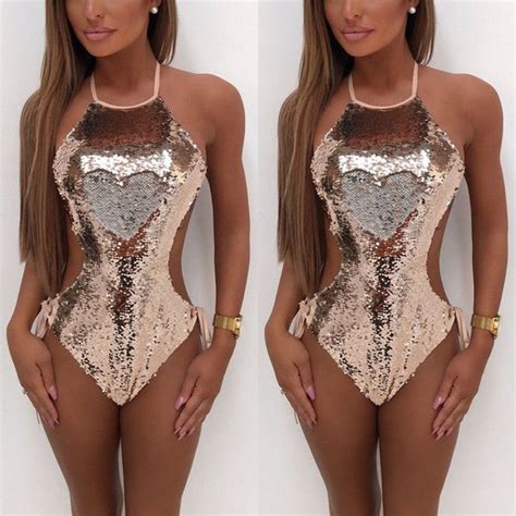 Plus Size Xxl Sexy Gold Green Sequins One Piece Swimsuit Women