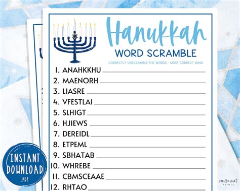 Hanukkah Word Scramble Party Games Chanukah Celebration Etsy