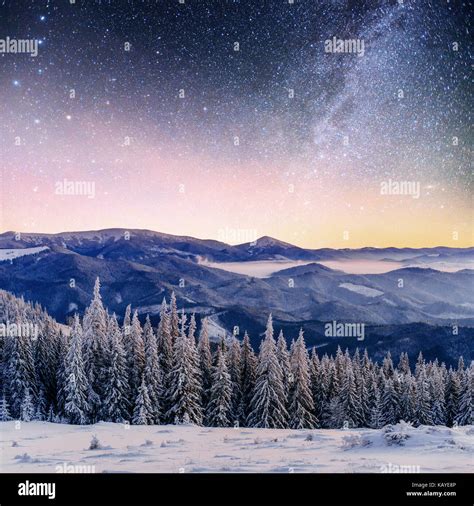 Starry Sky In Winter Snowy Night Fantastic Milky Way In The New Years