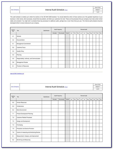 Internal Audit Schedule Template Iso 9001 2015