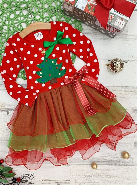 Long Sleeve Polka Dot Reindeer Or Tree Holiday Tutu Dress Mia Belle Girls