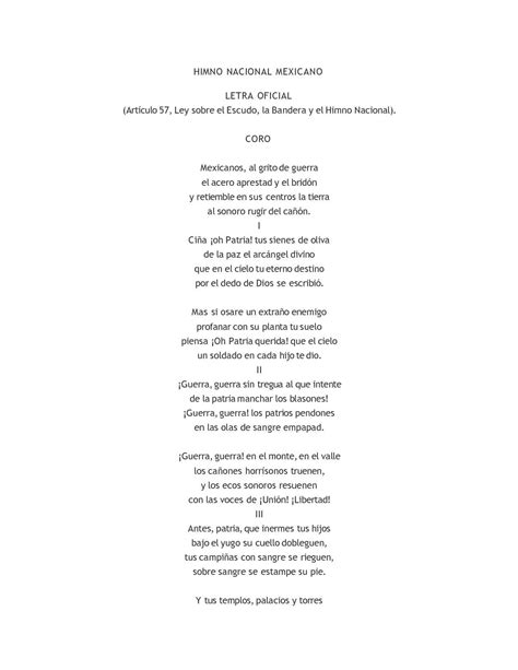 Himno Nacional Mexicano Letra Completo Original Ninos De La Cuenca
