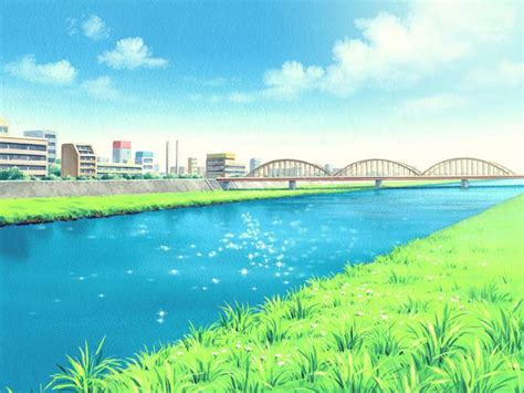 Anime Landscape City River And Bridge Anime Background