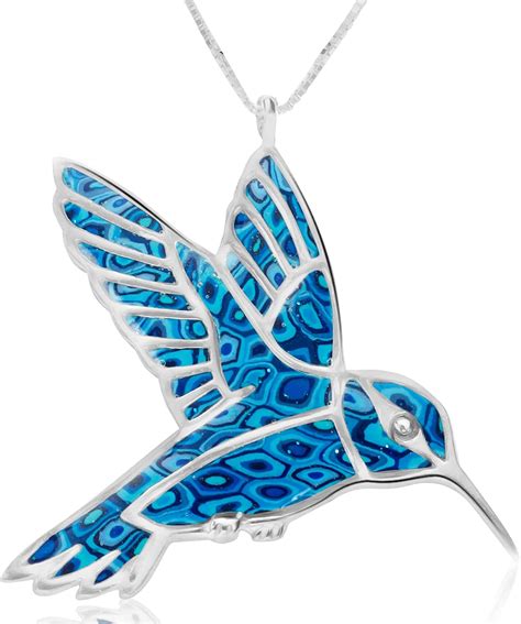 925 Sterling Silver Hummingbird Necklace Pendant Handmade Blue Polymer