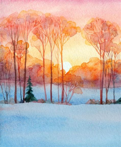 Trees In The Winter Forest Watercolor Landscape Stock Image Image Of