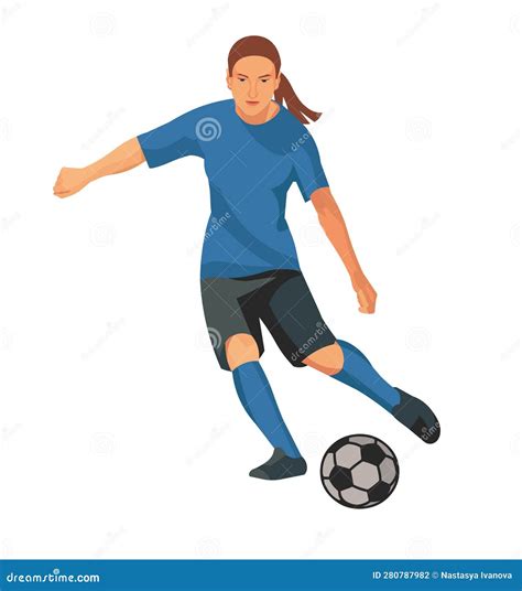 Isolated Figure Of Girl Football Player Dribbling The Ball On The Field