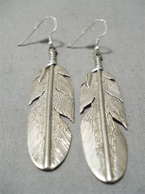 Stunning Vintage Navajo Sterling Silver Feather Earrings Native Americ