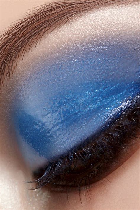Closeup Macro Of Woman Face With Blue Eyes Make Up Fashion Celebrate Makeup Glowy Wet Eye