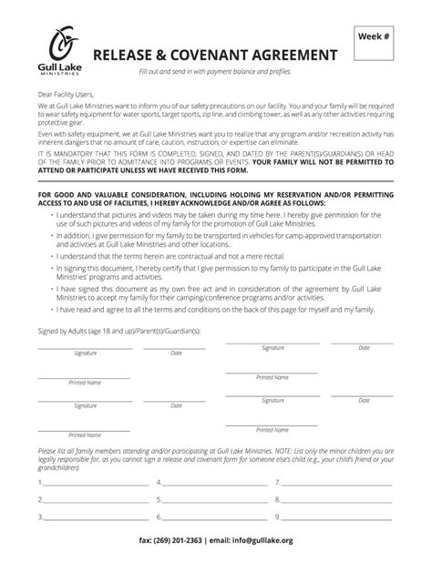 Release And Covenant Agreement Gull Lake Ministries Fill Out And Sign