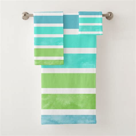 Turquoise Blue Green White Stripes Bath Towel Set