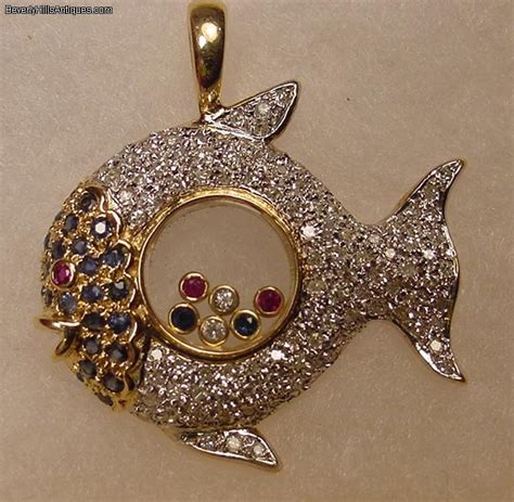 Designer 14k Diamonds Rubies Sapphires Fish Pendant For Sale Antiques