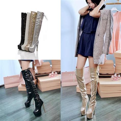 women boots lace up over knee boots platform party prom heels shiny high heels prom heels
