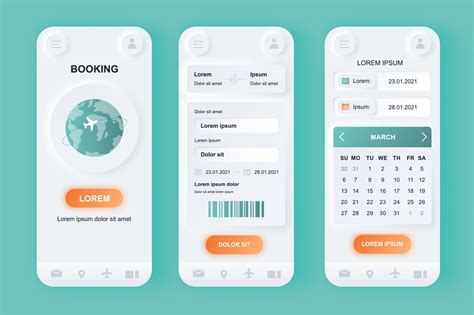 Flight Booking Unique Neomorphic Mobile App Design Kit Vector