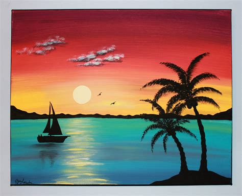 Beach Sunset Painting With Palm Trees